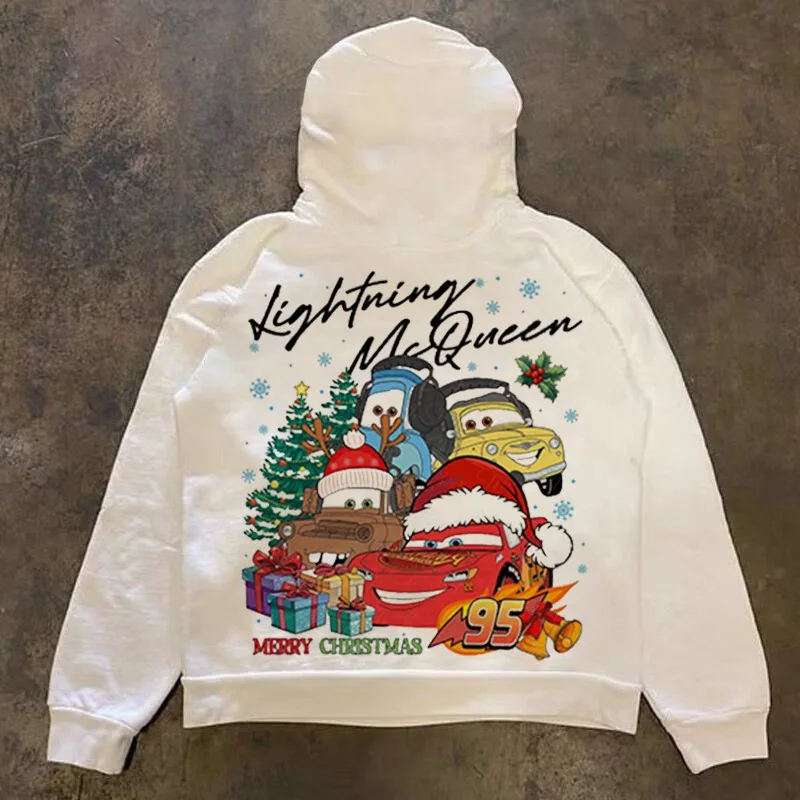 

Disney Cars Christmas Lightning McQueen Hoodie, Festive Cartoon Print, Unisex Autumn Winter Long - Sleeve Casual Loose Top