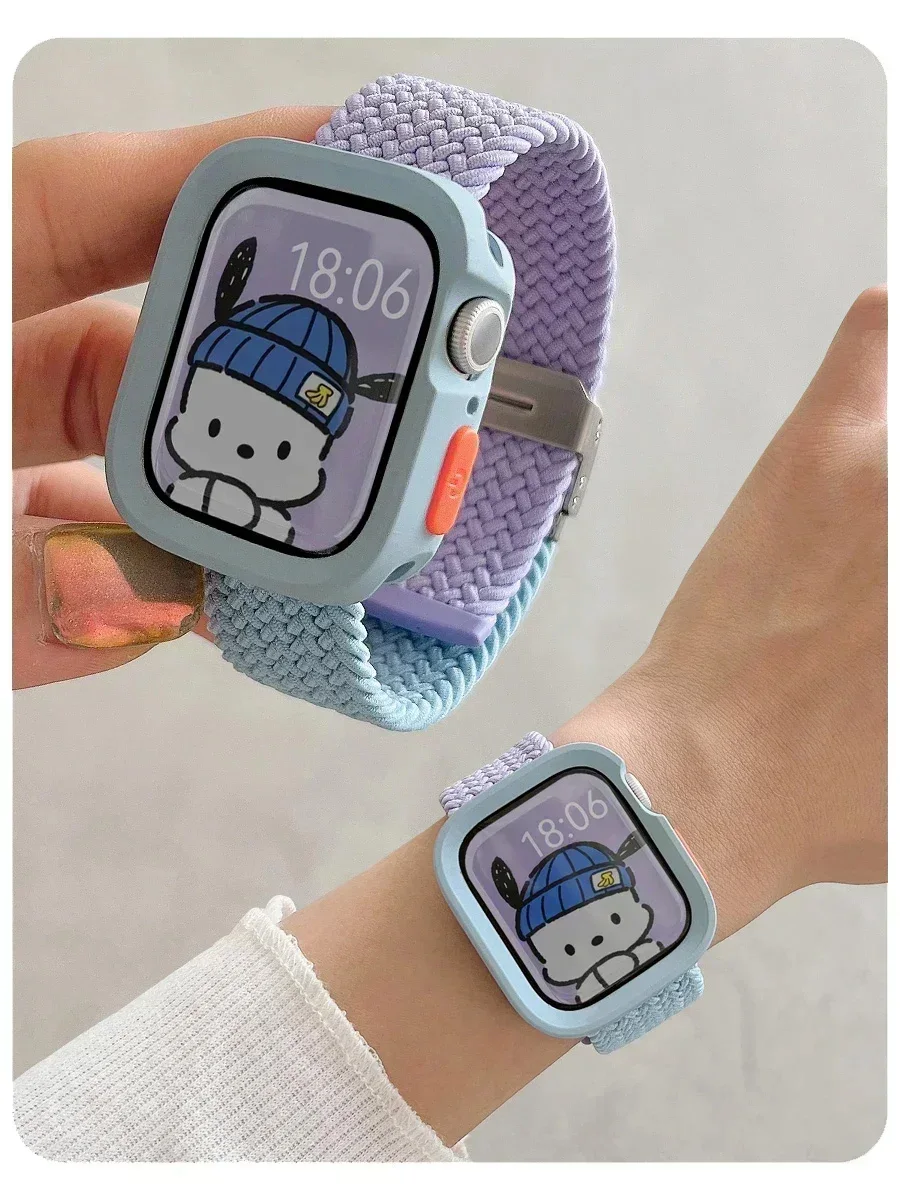 مضفر لطيف وجراب لساعة أبل ، سوار مرن ، سلسلة iWatch 9 ، 8 ، SE ، 7 ، 6 ، 5 ، 4 ، 44 ، حزام نايلون ، 45 ، 41 ، 49 ، من