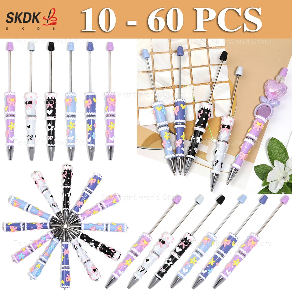 

10-60Pcs DIY Bead Pen with Hand-Painted Bow & Macaron Motif – Cute Ballpoint Pen for Journals & Gifts