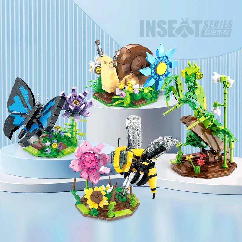 

Children's Building Block Toy Simulated Snail Mantis Bee Butterfly Flowers Plants Insects Series Puzzle Set Decoration Gift