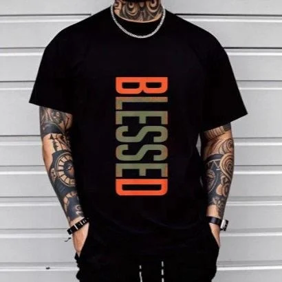 Men's Casual Comfortable Blessing Pattern Crew Neck T-Shirt Standard Fit Polyester Fiber Summer Short Sleeve Basic Style