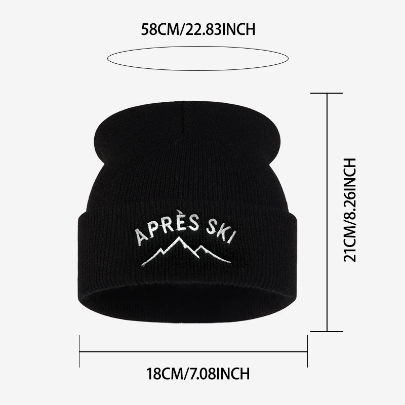 Après Ski Embroidered Beanie, Mountain Cuffed Knit Hat, Warm Winter Ski Cap for Men Women, Snowboarding Ski Resort Vacation