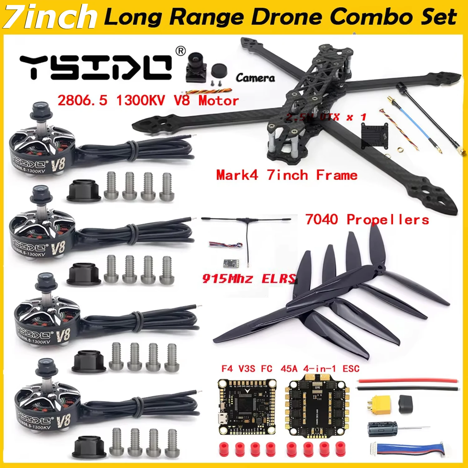 

MARK4 7inch 295mm Carbon Fiber Frame V7 V7C 5mm Arm 2806.5 1300KV Brushless Motor 7inch propeller For FPV 7" Long Range Drone