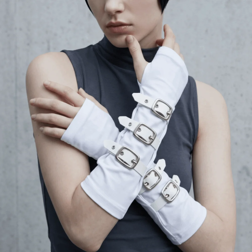Polyester Punk Arm Sleeves Nonstretch Fabric Metal Buckles Dark Gothic Arm Covers Lightweight White Half-arm Sleeve Gloves