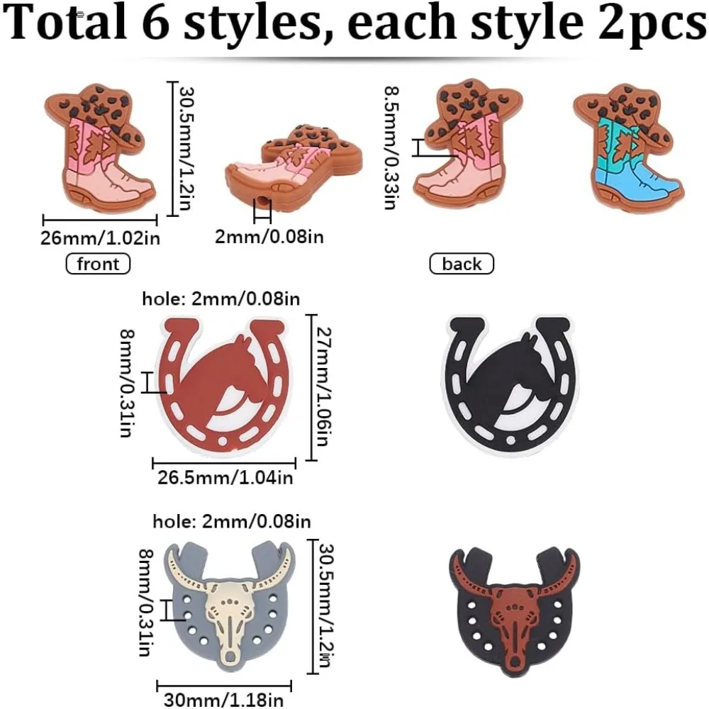 1 Box 12Pcs 6 Styles Cowboy Bead Silicone Focal Beads Bulk Western Cow Cowgirl Boots Horseshoes Cartoon Flat Loose Spacer Pen