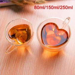 Heart Love Shape Glass Coffee Mug Cup Double Wall Drinking Tea Milk Juice Water Glasses Heat Resistant Drinkware Set Lover Gift