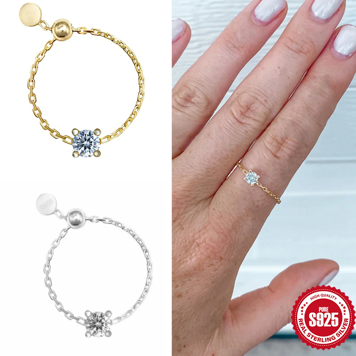 

AIDE Trend 925 Sterling Silver Glossy Round Ring Adjustable Chain Ring For Women Ins Minimalism European American Style Ring