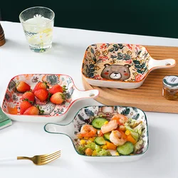 YWDL Ceramic Baking Tray with Handle Forest Animal Design Bowls Creative Restaurant Household Plate Kitchen Tableware Gift