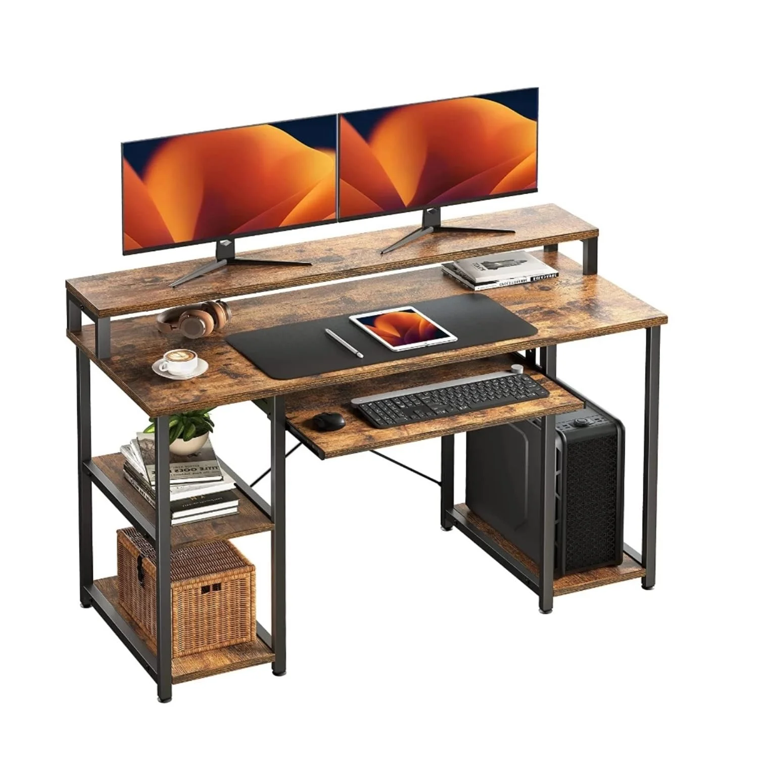 Brown Computer Desk with Keyboard Tray Office Desk with Monitor Stand and Storage Shelves, Music Studio Desk Workstation