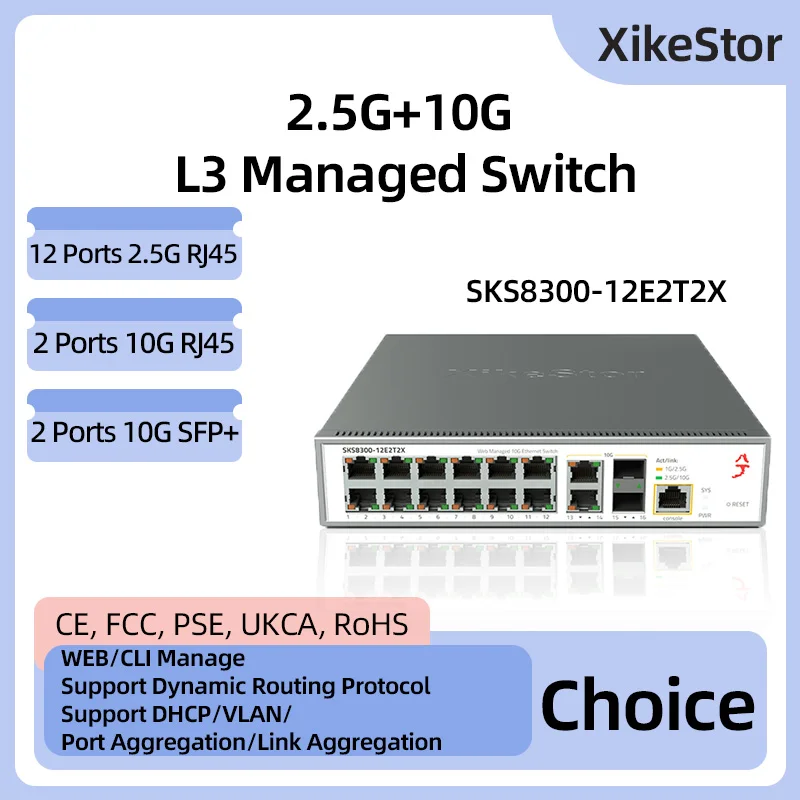 XikeStor L3 Managed 12 Ports 2.5G RJ45 2 Ports 10G RJ45 2 Ports 10G SFP+ Ethernet Support VLAN/ DHCP WEB/CLI