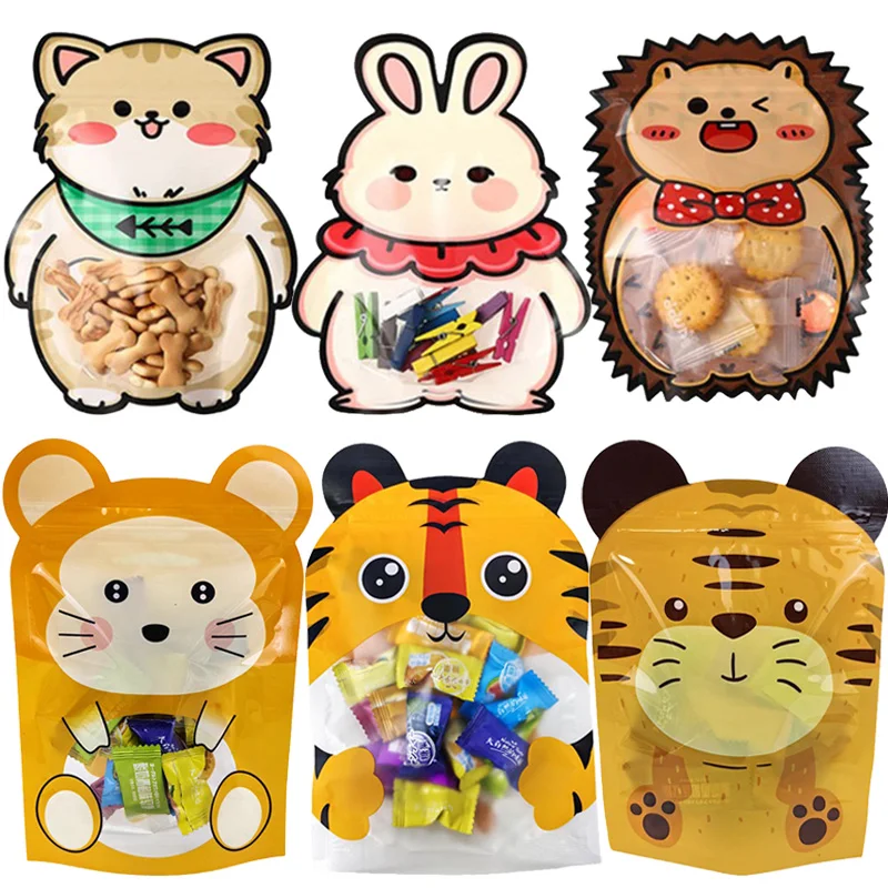 10pcs Cartoon Jungle Stand Up Bags Reusable Self Sealing Bag Rabbit Tiger Cat Panda Clear Storage Bags Birthday Party Decoration