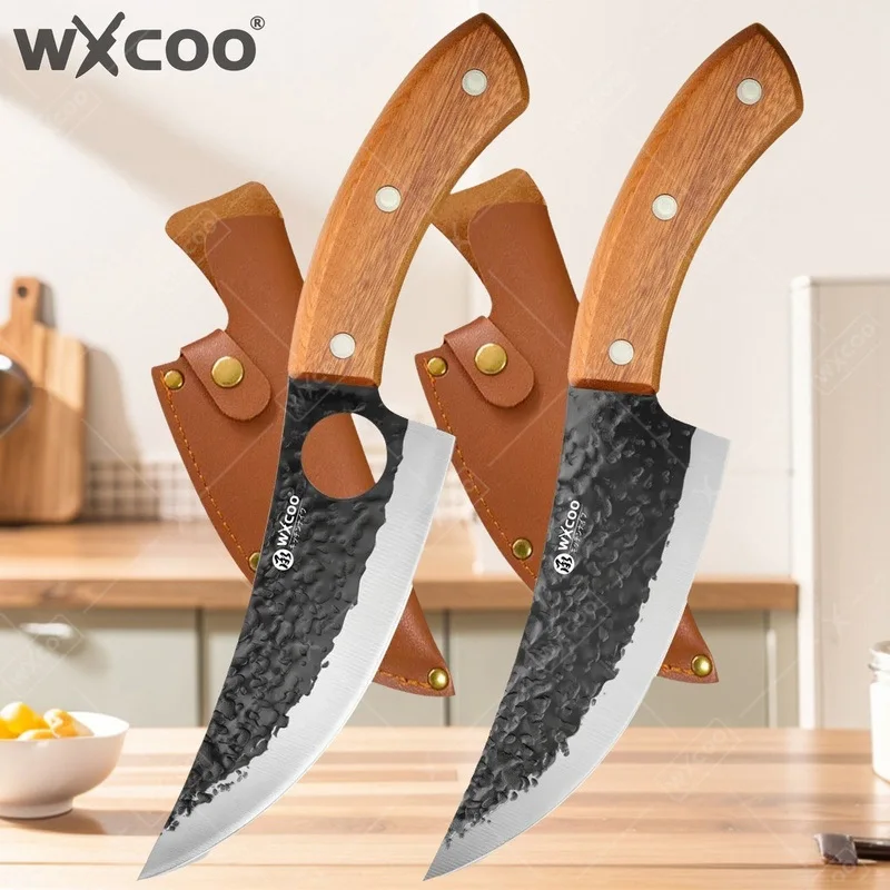 WXCOO Hand Forged Kitchen Butcher Knife Hammered Black Blade for Home Kitchen Meat Bone Processing Ergonomic Cherry Wood Handle