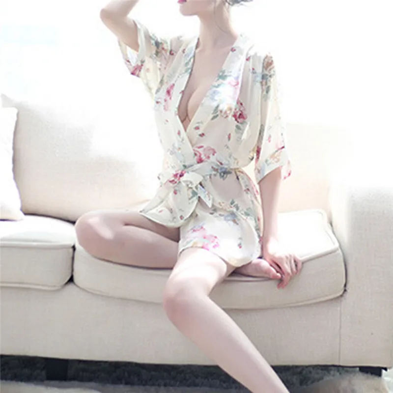 Women Floral Print Sexy Lingerie Nightdress Underwear Robe Chiffon Sleepwear