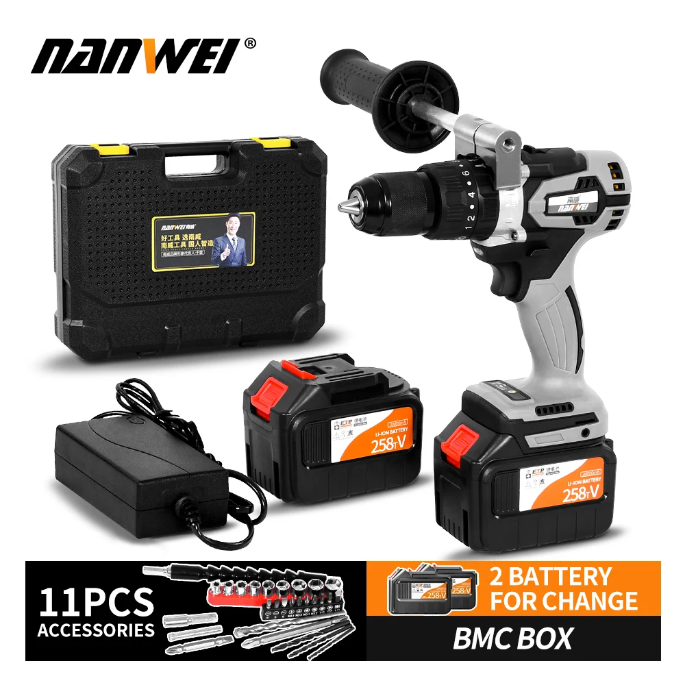 Nanwei 13mm 200NM Hot sale drill 30Ah 2batteries with impact drill kit with low price sale