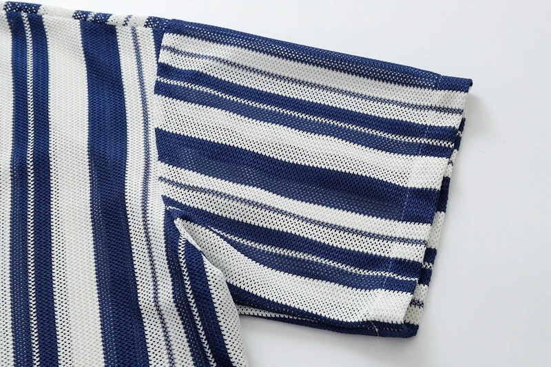 Retro Blau-Weiß Gestreifte Netzstrick-Hemden für Herren Ausgehöhlte Kurzarm-Strickjacke Sommer Hawaiianische Strandhemden Lässige Übergrößen-Hemden – Detail 11