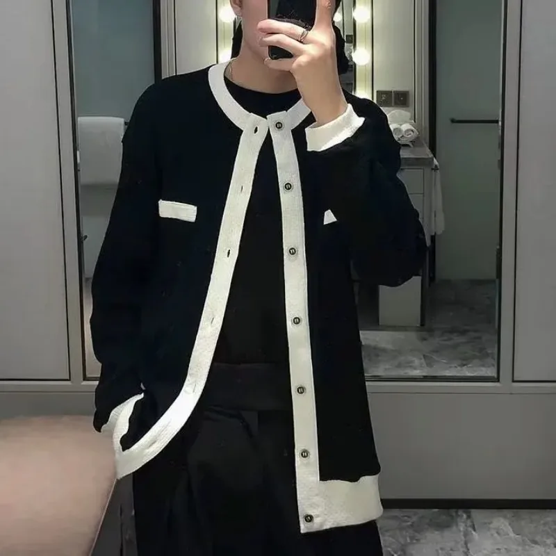 

Осенне-зимний мужской кардиган с круглым вырезом на пуговицах и длинными рукавами, куртка контрастного цвета, модный повседневный топ