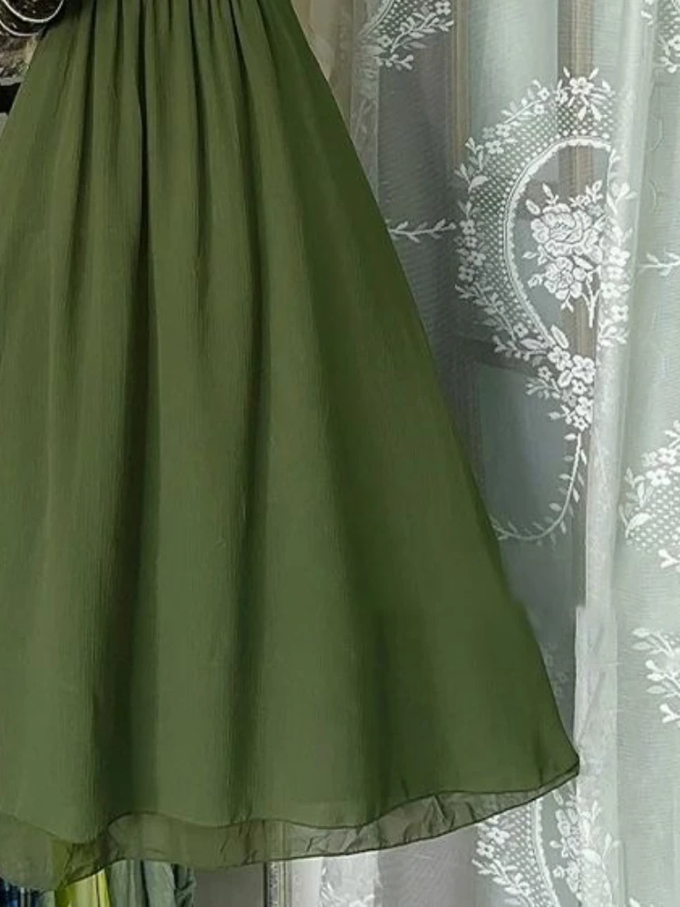 Summer Vintage Slim Green Sling Dress Women 2025 New Elegant Casual Off Shoulder Dresses France Retro Sleeveless Thin Outfits