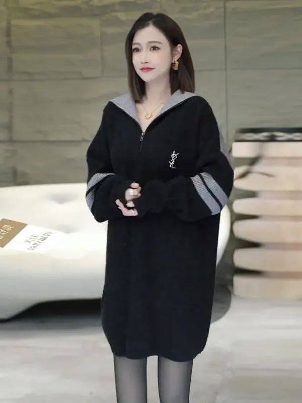 

plus Size Hooded Mid-Length Knitwear with f Zip Color Blo Women's Autumn Winter Thi Warm Casual Sle Conceal Meat Swe...