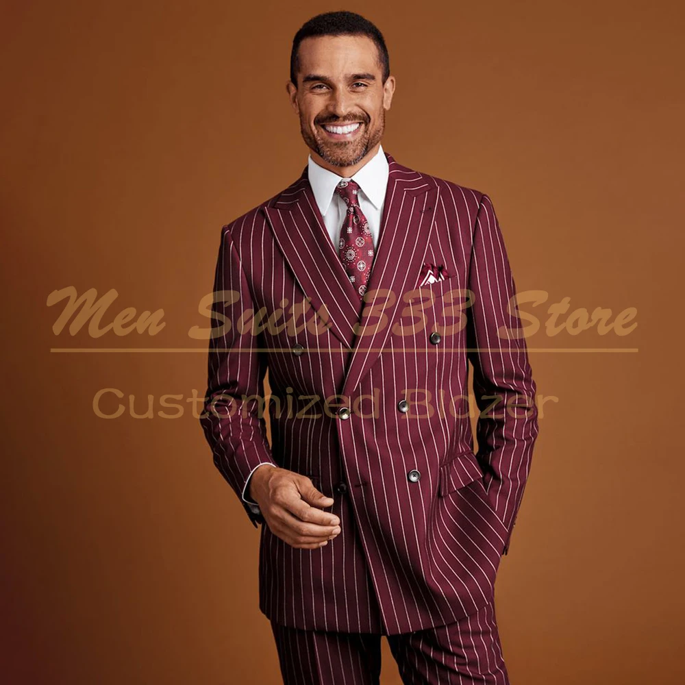 

Бордовые мужские костюмы в тонкую полоску, модные двубортные узкие костюмы с острым лацканом, куртка, брюки, комплект деловой мужской одежды