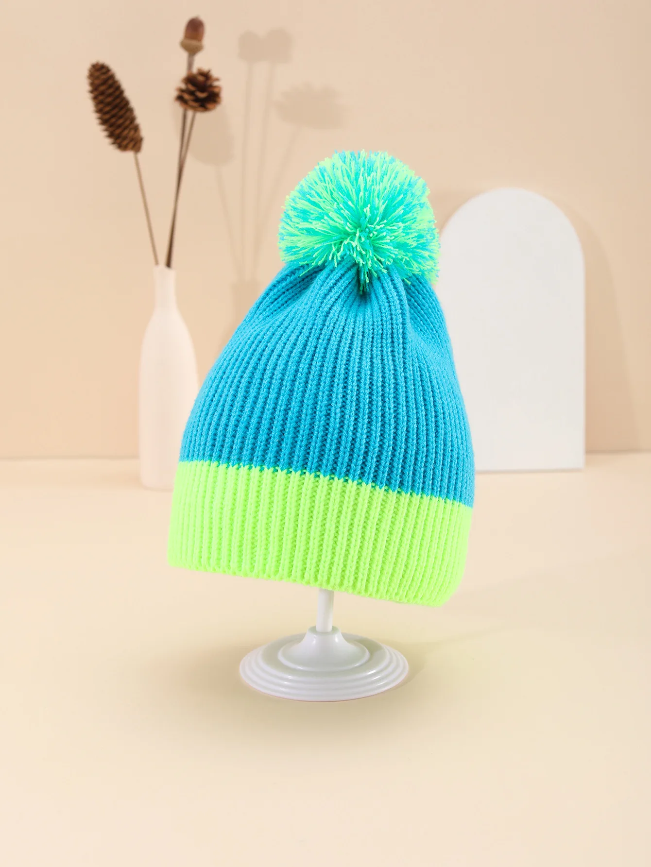 Fashion Color Matching Knitted Hats Women Winter Keep Warm Soft Beanie Cute Pompom Skull Cap