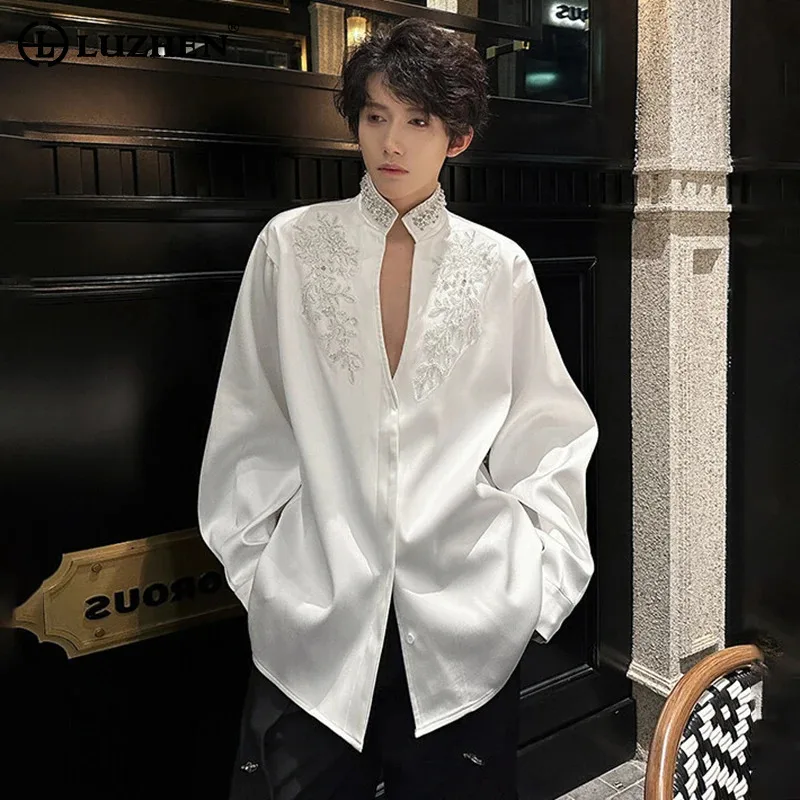 

Рубашки LUZHEN: Новинка 2025 – Элегантные мужские рубашки с длинным рукавом, вышивкой на воротнике и стразами, стильные топы JY6035