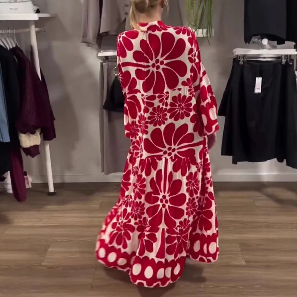 ชุดสตรีเดรสเดี่ยวแขนยาวพิมพ์หลวมBohemian 2025 ฤดูร้อนSpliced BohoสายVestidos