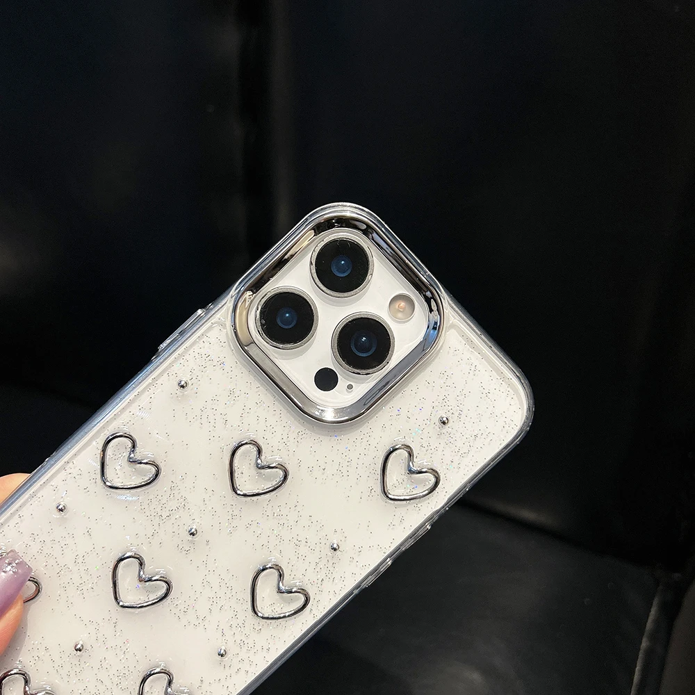 Роскошный чехол для телефона с блестками и серебряным цветком в форме сердца для iPhone 16, 15, 14, 13, 12 Pro Max Plus 11, милая прозрачная задняя крышка с цветочным принтом
