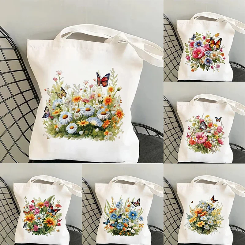 

Весенняя холщовая большая сумка с цветочным принтом травы. Модная функциональная сумка, идеально подходящая для покупок и переноски предметов первой необходимости.