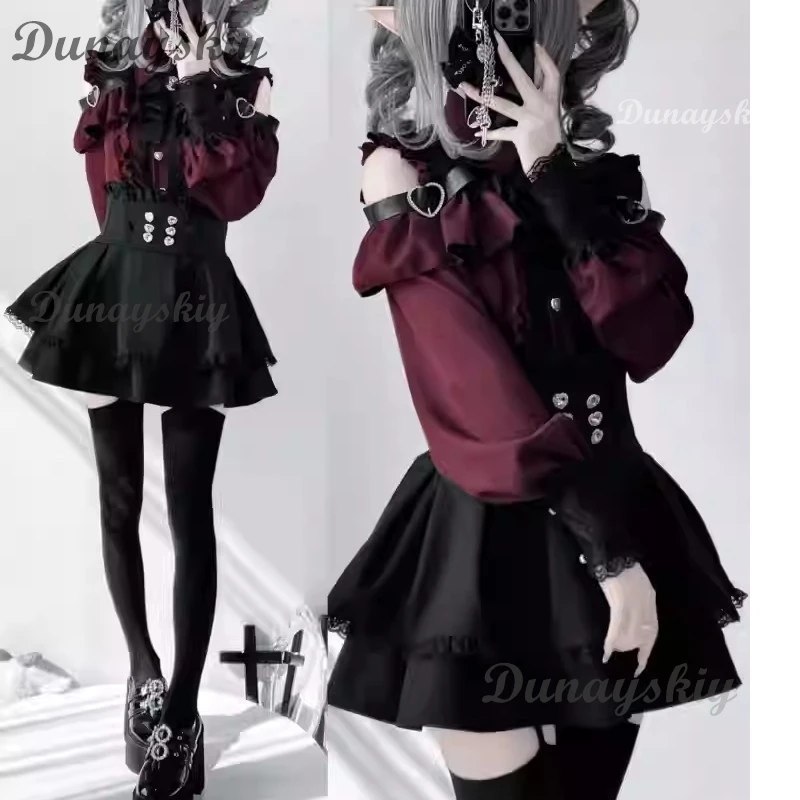 Jirai Kei Lolita Outfit Girls Long Sleeve Bow Shirt Skirt Set Womens Kawaii Y2K Japanese Aesthetic Casual Wear view 6