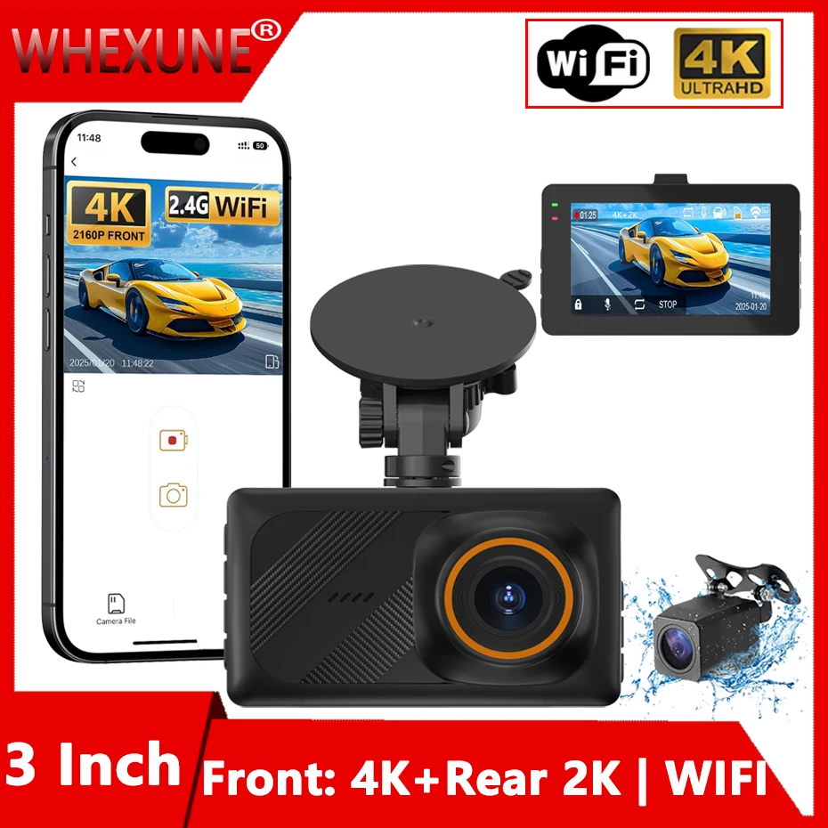 كاميرا أمامية وخلفية 4K و2K مع واي فاي، رؤية ليلية، تسجيل حلقة، مستشعر G، شاشة ركن السيارة 24/7، مسجل فيديو للسيارة