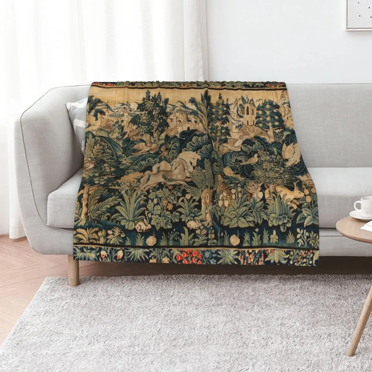 

FANTASTIC ANIMALS AND HORSES IN WOODLAND Blue Green Ivory Antique French Tapestry Throw Blanket manga Shaggy Sofas Blankets