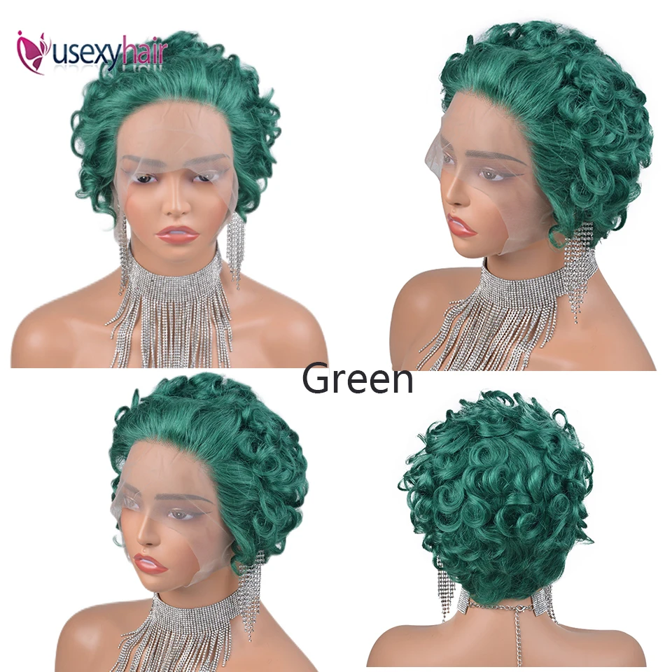 Grüne Pixie Cut Wasserwelle Perücke 13x1 malaysische kurze lockige Spitze Front Perücke für Frauen Remy Haarfarbe voll transparente Spitze Perücke