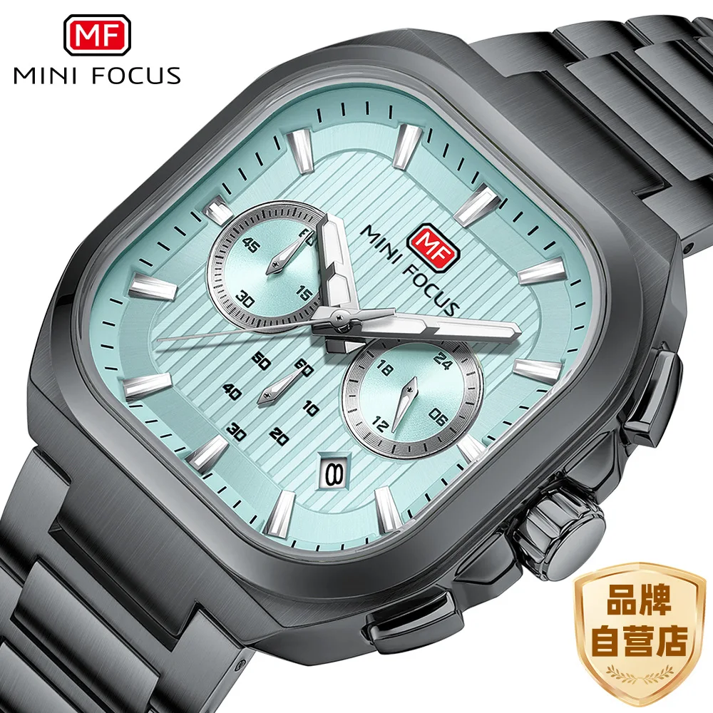 

MINI FOCUS watch*, porthole square case men's watch, multi-function quartz watch, luminous steel belt men's watch