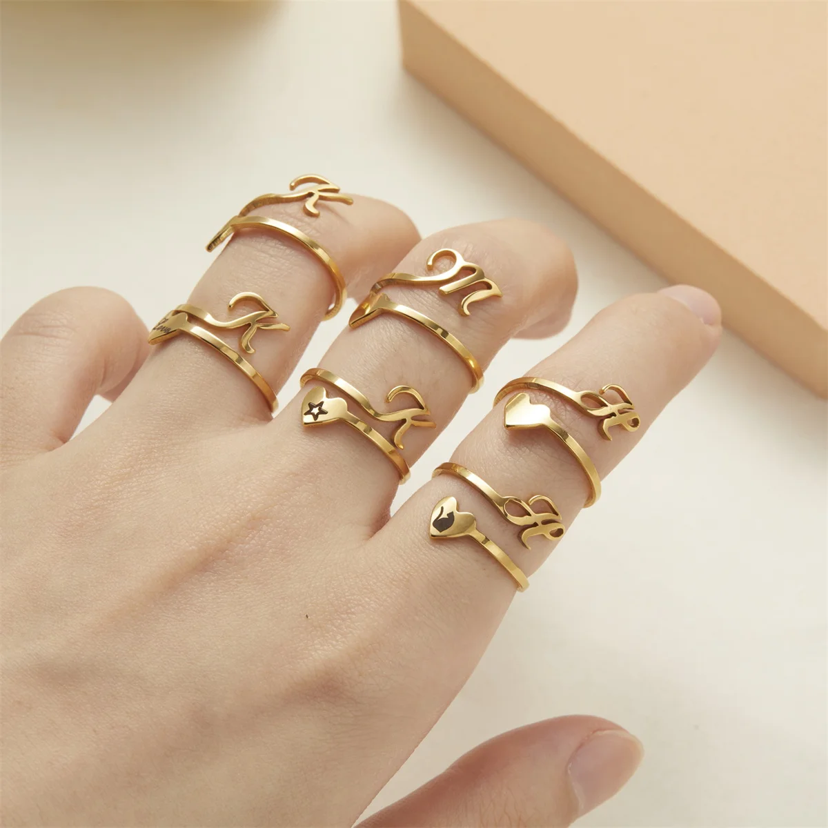 26 A-Z Letters Love Heart Opening Rings For Women Men Stainless Steel Name Alphabet Heart Finger Rings Birthday Party Jewelry