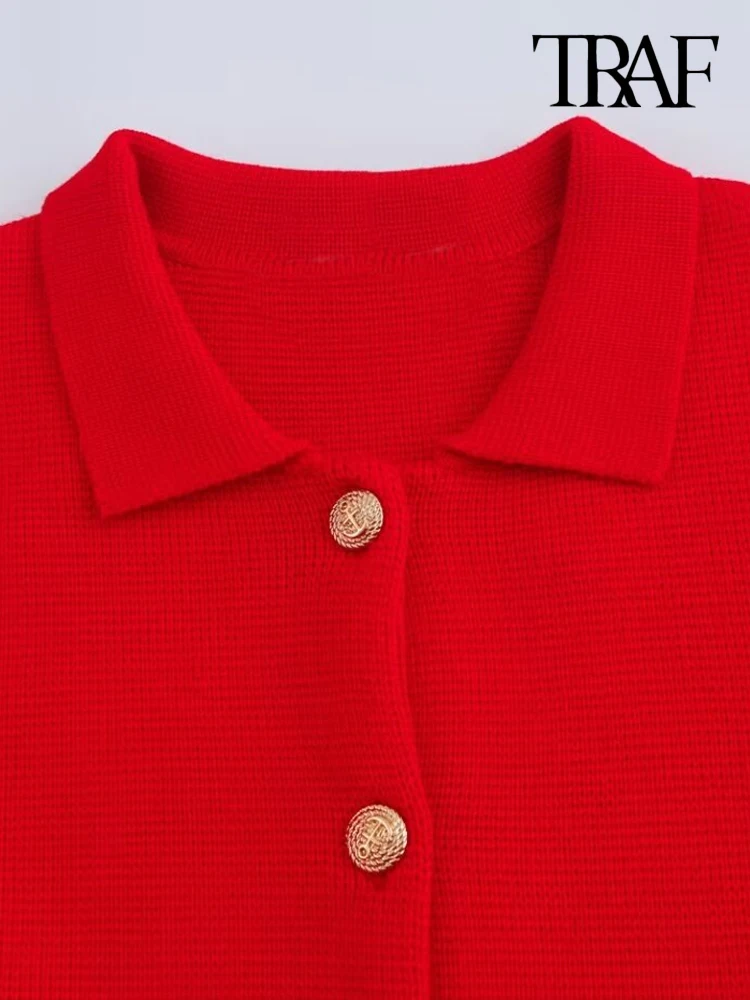 TRAF-Knitted Cardigan Sweater with Golden Buttons for Women, Long Sleeve, Lapel Collar, Female Outerwear, Chic Tops, Fashion