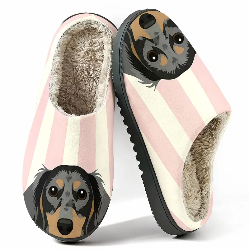 Dachshund Dog Pink Stripe Print Women's Winter Warm Plush Slippers Fuzzy Fleece House Slippers Indoor Shoes view 4