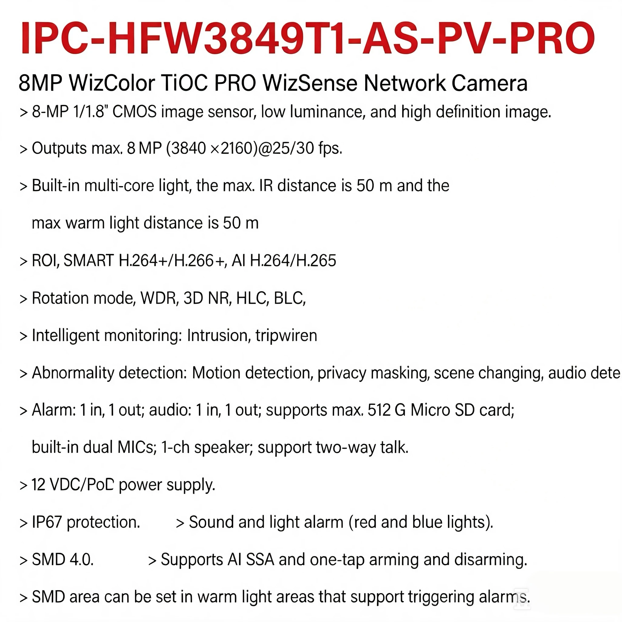 Dahua IPC-HFW3849T1-AS-PV-PRO 8MP WizColor TiOC PRO Red & Blue Warning Lights and Alarm Sounds Built-in Dual Mic & Speaker IP67