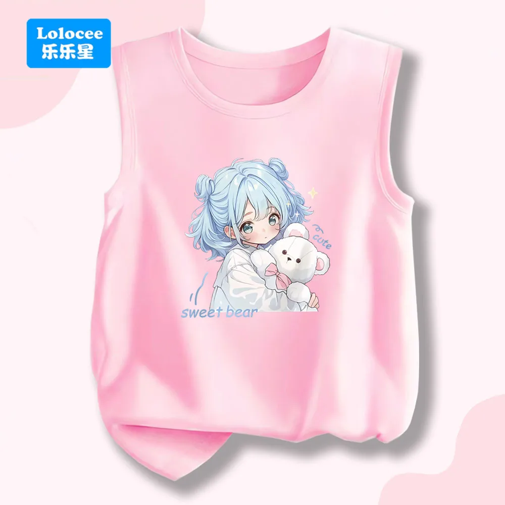 Kawaii Anime Girl & Bear Print Rosa ärmelloses Tanktop für Kinder – süße süße Sommerweste NHBX1