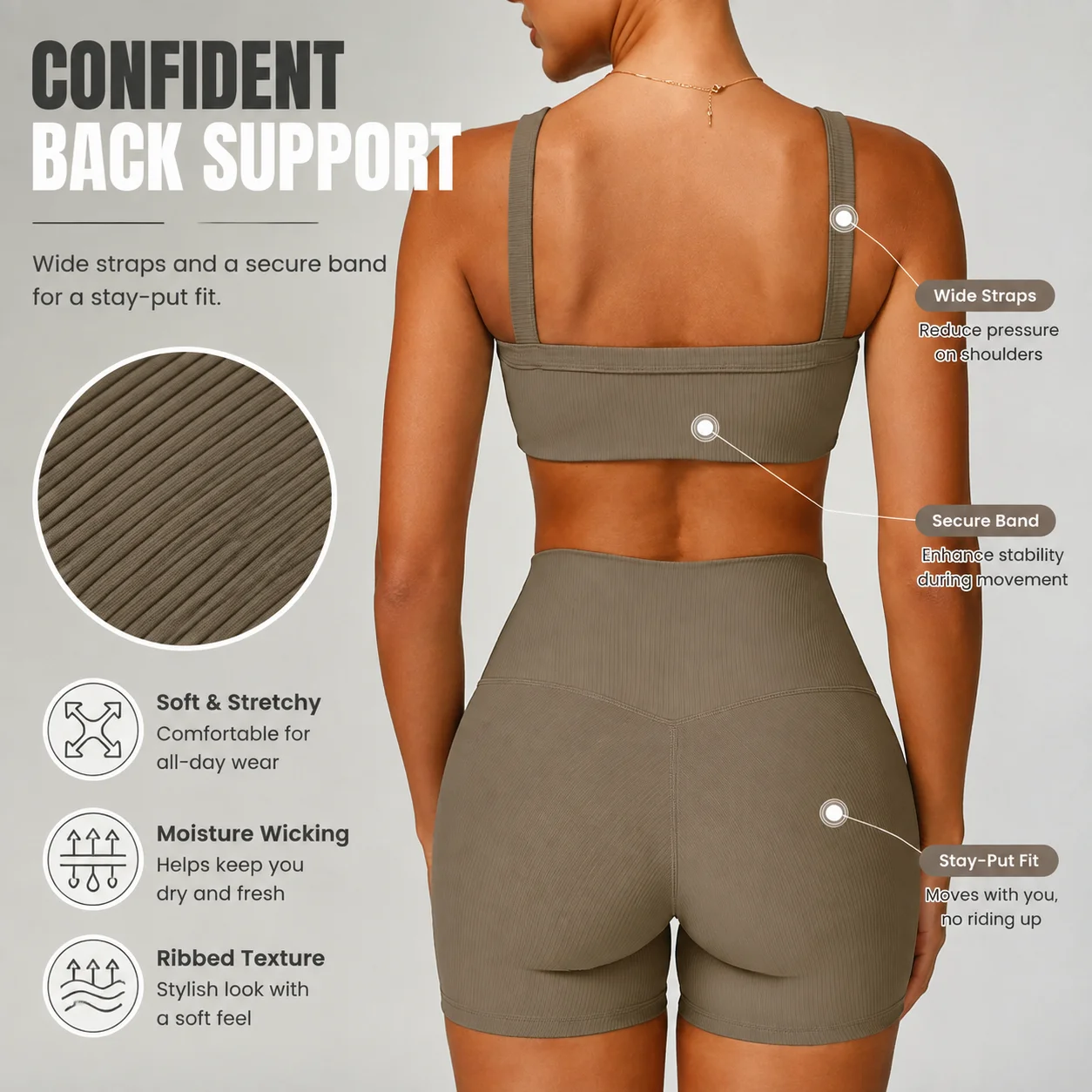 Women's Square Neck Sports Bra with Wide Straps, Ribbed Open Back Workout Bralette, Minimalist Gym Yoga Top