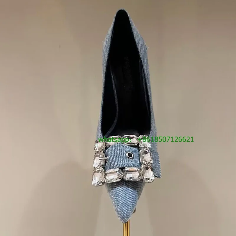 Denim Rhinestone Pointed Slip-On Pumps 12cm Super High Heel Stiletto High Quality High Heels Ladies Shoes