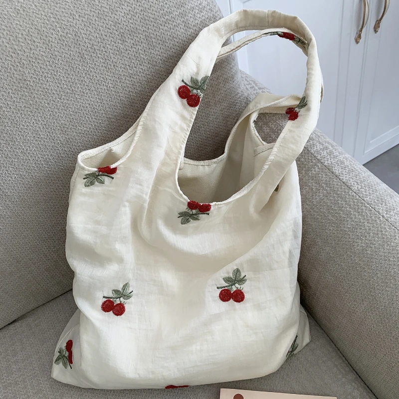 

Женская парусиновая сумка с вышивкой вишни, большая вместительная женская сумка-жилет для девочек-студентов, сумки с милым бантом, женские сумки-тоут