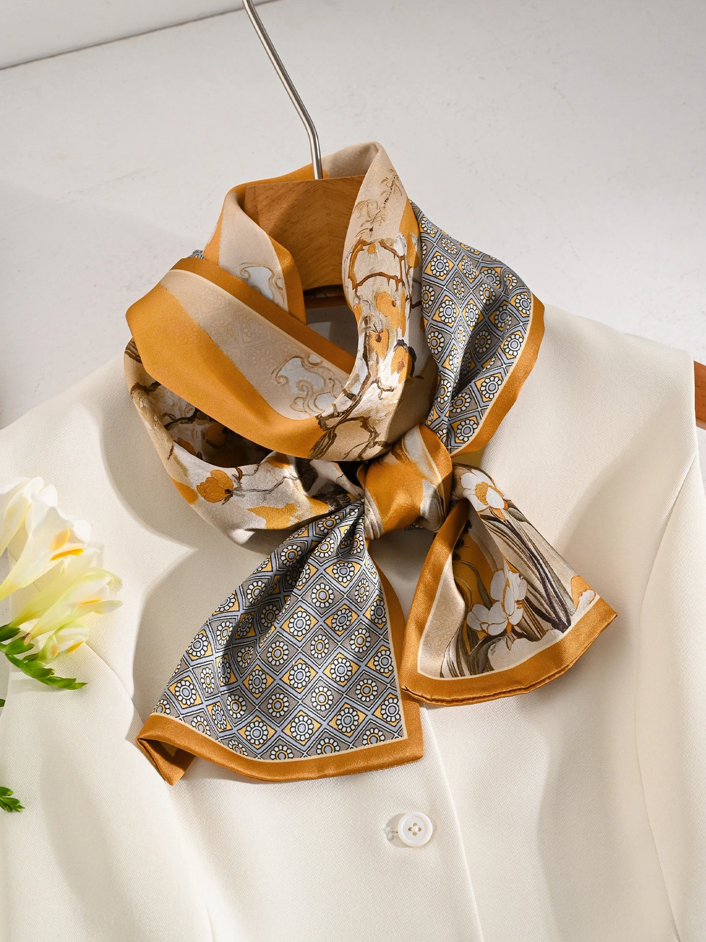 エレガントなシルクスカーフ-レディース-2026年新作-春-薄手-ネックタイ-高級感あふれるラグジュアリー-細めネックプロテクション-ロングレクタングル