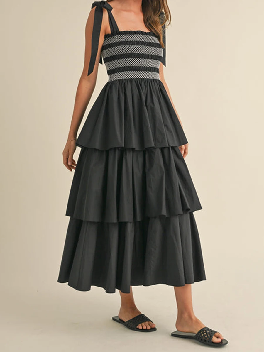 Abito da donna con spalline allacciate di nuova moda Abito estivo senza maniche con busto smock Abito con volant a strati Abito lungo fluido SML