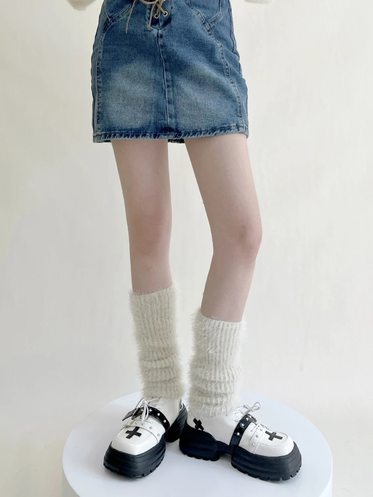 KOSAHIKI Japanese White Fluffy Leg Warmers Boot Covers Y2K Goth Solid  Socks Punk Jk Knee-length Hotgirl Fashion Warm Sock