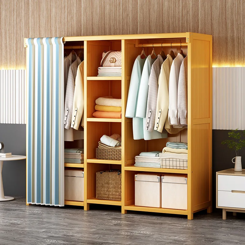 Simple household bedroom rental room solid wood storage dustproof doorless wardrobe cloth curtain wardrobe strong and durable