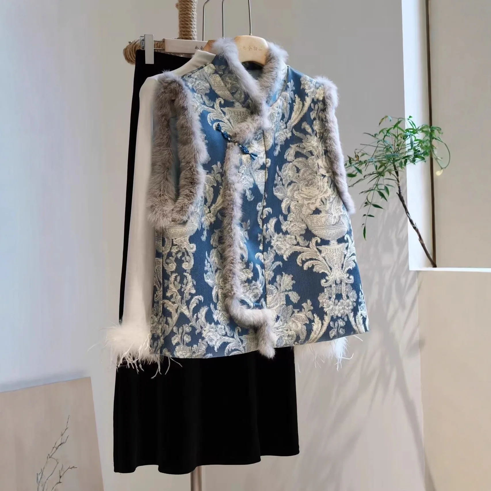 Uui mao novo casaco estilo chinês novo brocado jacquard herança cultural intangível colete jaqueta sem mangas pele de coelho