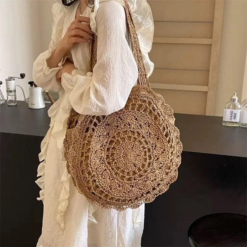 Hand-woven paper rope tote bag with floral pattern large capacity beach shoulder bag for women seaside vacation view 2
