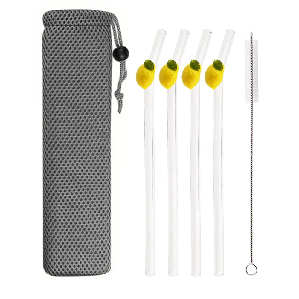 

200*8mm Lemon Glass Straw Set Reusable Eco Friendly Drinking Straw for Smoothies Cocktails Bar Accessories Straws with Brush