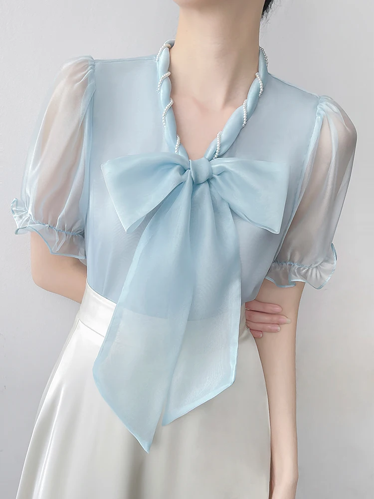 

Blue Silk Chiffon irt Women's Summer Thin Bubble Sve V-ne ort-sved Knot Sa Transparent Flounce Top