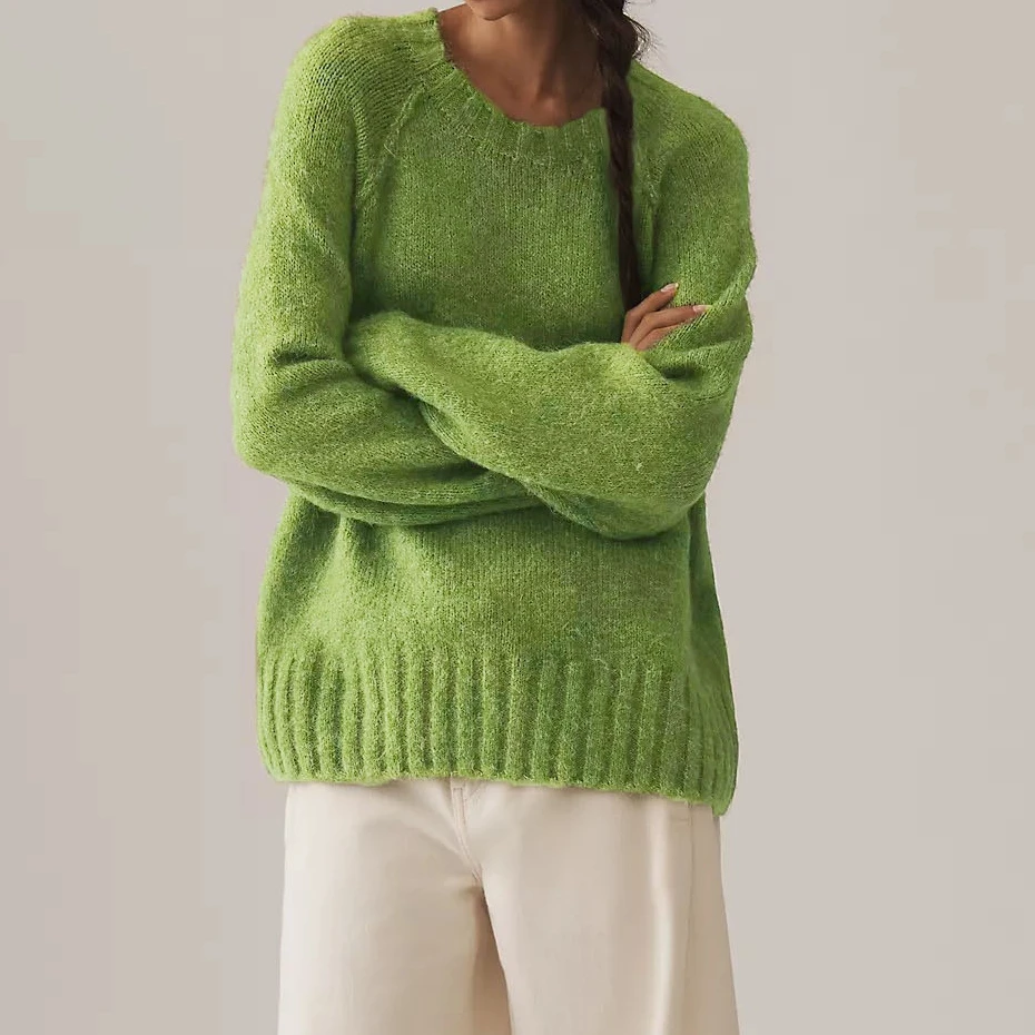 سترة نسائية كلاسيكية متماسكة بلون سادة وأكمام طويلة ورقبة دائرية ملابس تريكو فضفاضة ملابس بديلة لخريف وشتاء #1